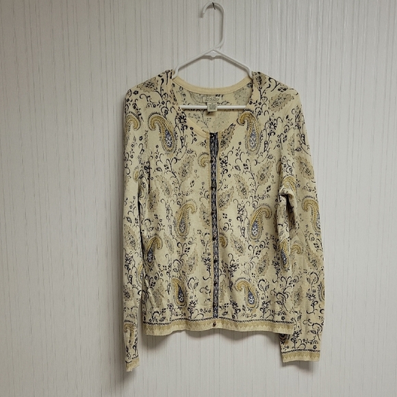Lucky Brand Sweaters - Lucky Brand Cream and Blue Paisley Wool Bkend Knit Sweater Womens XL